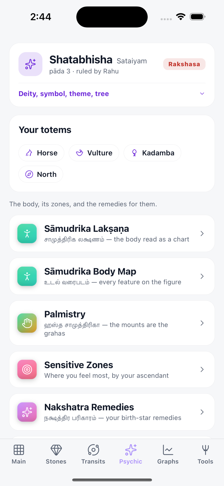 The body menu — nakshatra totems, sāmudrika, palmistry, sensitive zones and remedies