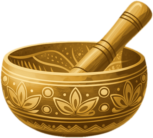 A gold singing bowl with its striker